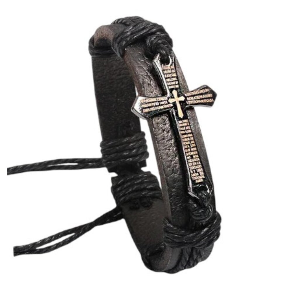 Black Leather Bracelet with Cross